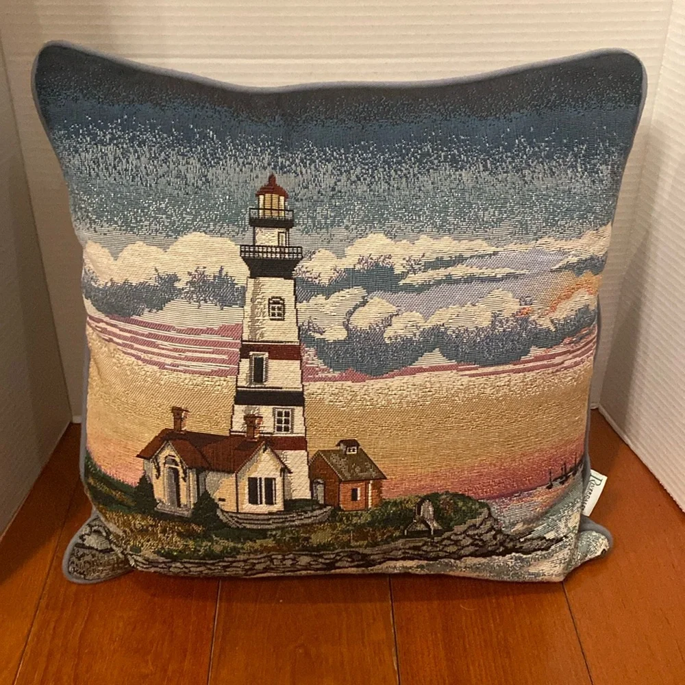 Riverdale Lighthouse nautical tapestry throw couch pillow 17x17”